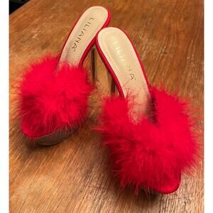 Red furry heels